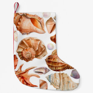 big set of seashells on an isolated white backgrou small christmas stocking