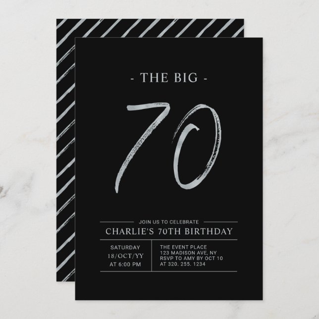 Big Seventy | Silver & Black 70th Birthday Party Invitation (Front/Back)