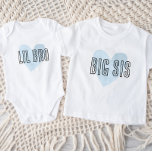 Big Sis Blue Heart Matching Sibling Family Baby T-Shirt<br><div class="desc">Custom printed apparel personalised with a watercolor heart graphic and "Big Sis" text in a cute hand-lettered font. Perfect for a pregnancy announcement photo or a gift for older siblings when new baby arrives! Use the design tools to edit the colours or add your own text and photos to create...</div>