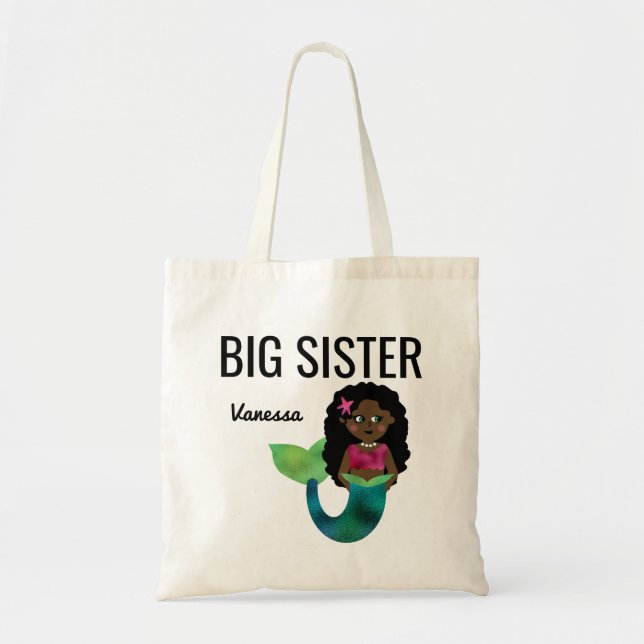 Big Sister African American Mermaid Girl Faux Foil Tote Bag (Front)