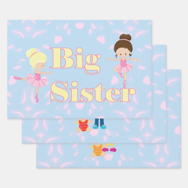 Big Sister Big Brother Sibling Pink Blue Wrapping Paper Sheet (Set)