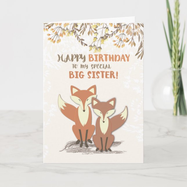 Big Sister Birthday Foxes, Leaves on Branches Card (Front)