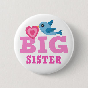 Big sister button with cute cartoon bird and heart