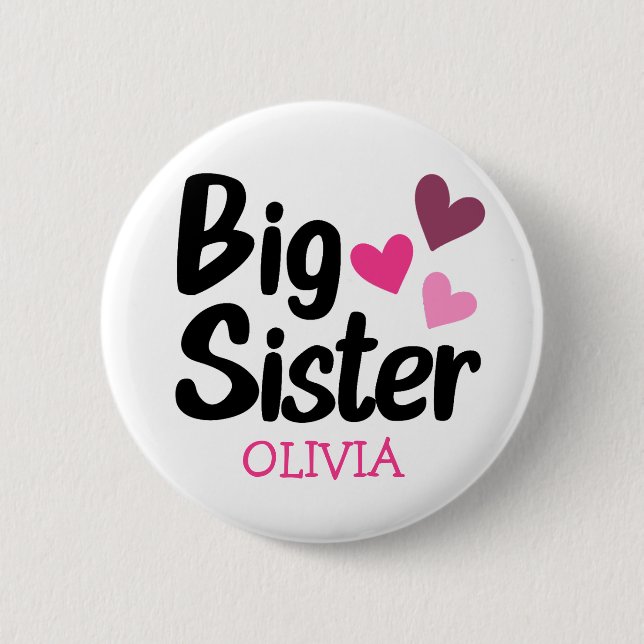 Big Sister Custom Name with pink hearts 6 Cm Round Badge (Front)