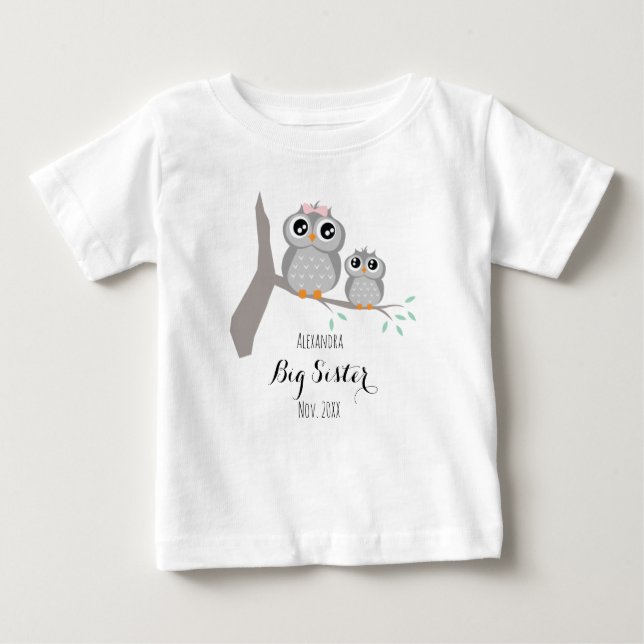 Big sister cute owls name and date baby T-Shirt (Front)