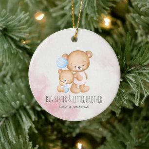 Big Sister Little Brother Cute Bears Watercolor Ceramic Tree Decoration