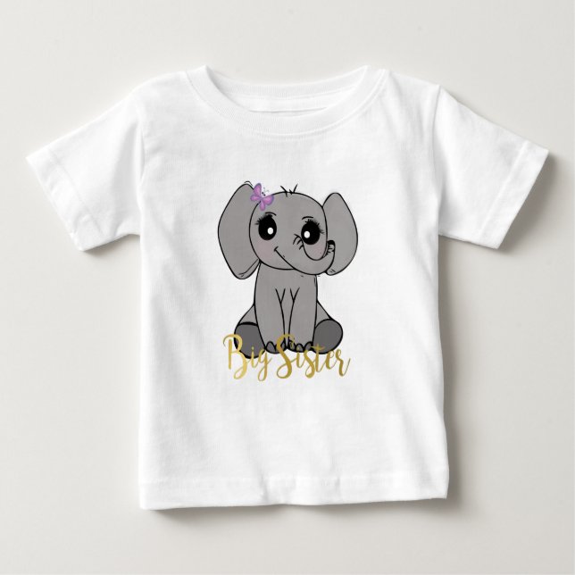 Big sister, new baby elephant faux gold lettering baby T-Shirt (Front)