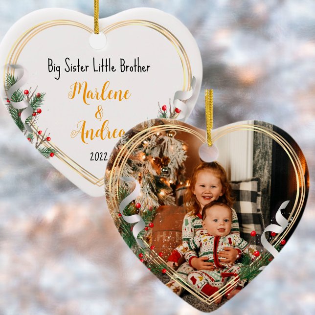 Big Sister New Baby Photo Holly Pine Gold Frame Ornament (Creator Uploaded)