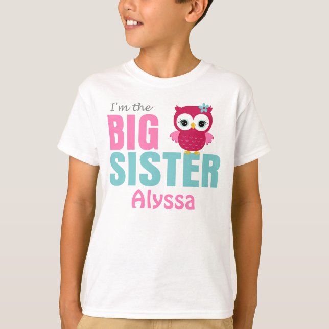 Big Sister Owl Pink Teal Personalised shirt (Front)