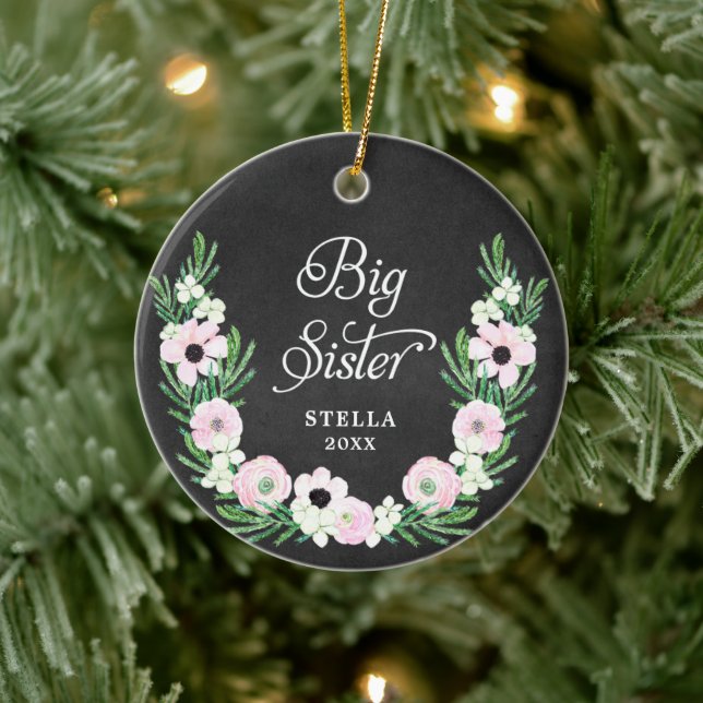 Big Sister Personalised Bohemian Floral Wreath Ceramic Tree Decoration (Tree)