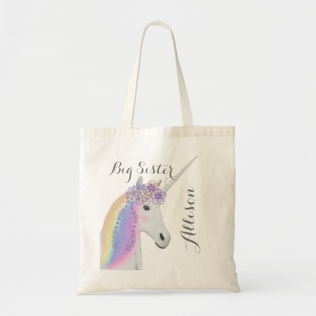 Big Sister Personalised Rainbow Unicorn Tote Bag (Front)