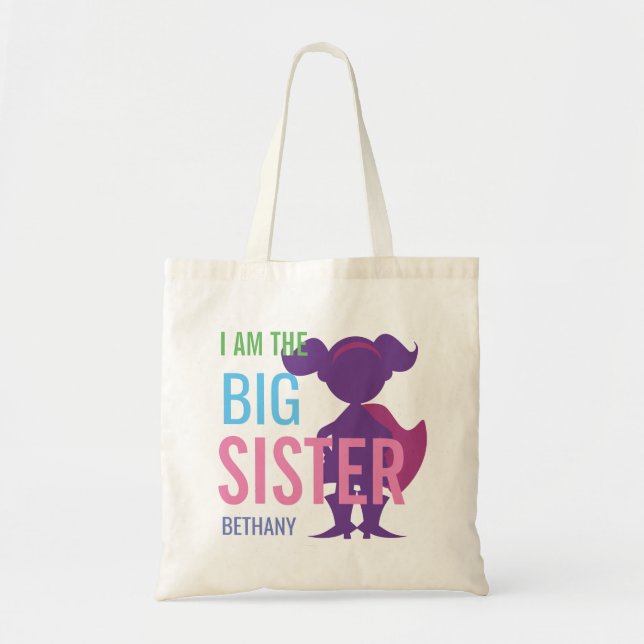 Big Sister Personalised Superhero Silhouette Girls Tote Bag (Front)