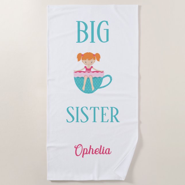 Big Sister Personalised Teacup Custom Text Beach Towel (Front)