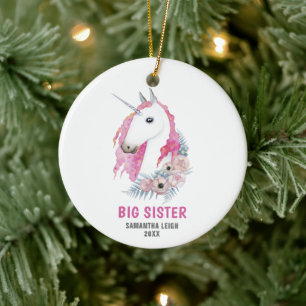 Big Sister Personalized Name Watercolor Unicorn Ceramic Tree Decoration