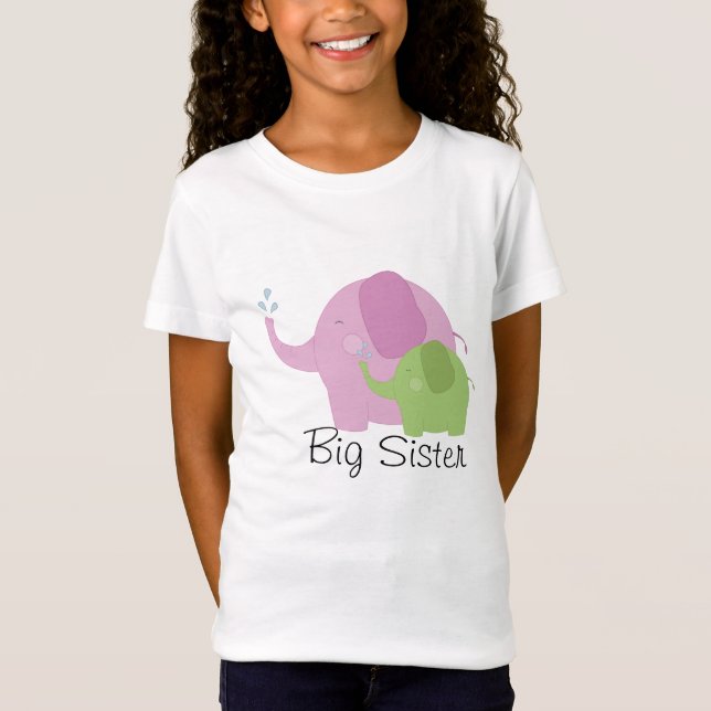 Big Sister Pink and Green Elephant Girls Tee (Front)