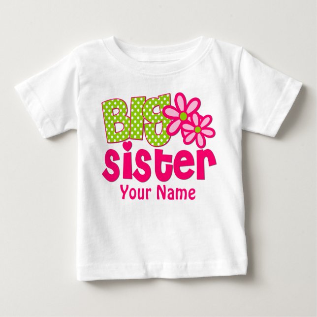 Big Sister Pink Green Personalised T Shirt (Front)