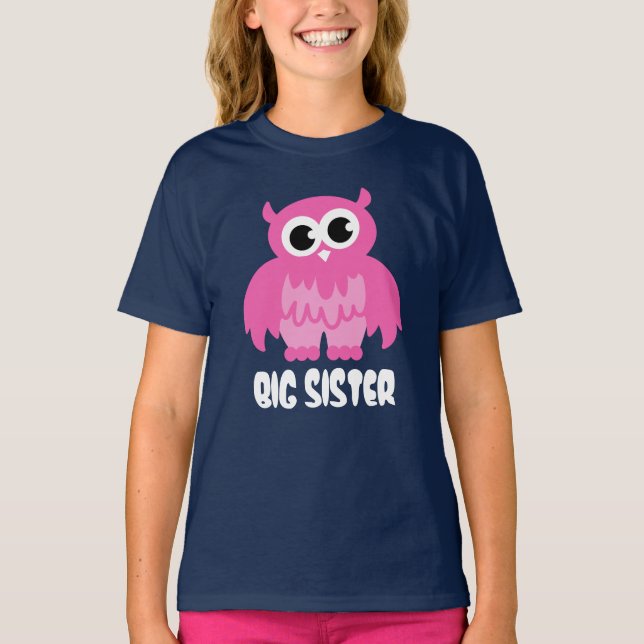 Big sister t shirt with funny owl cartoon in pink (Front)