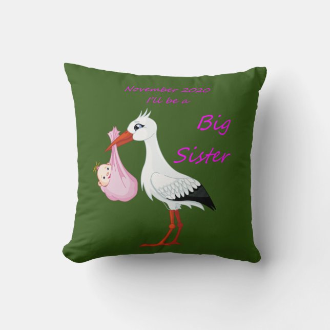 Big Sister Throw Pillow Baby Stork  November 2020 (Front)