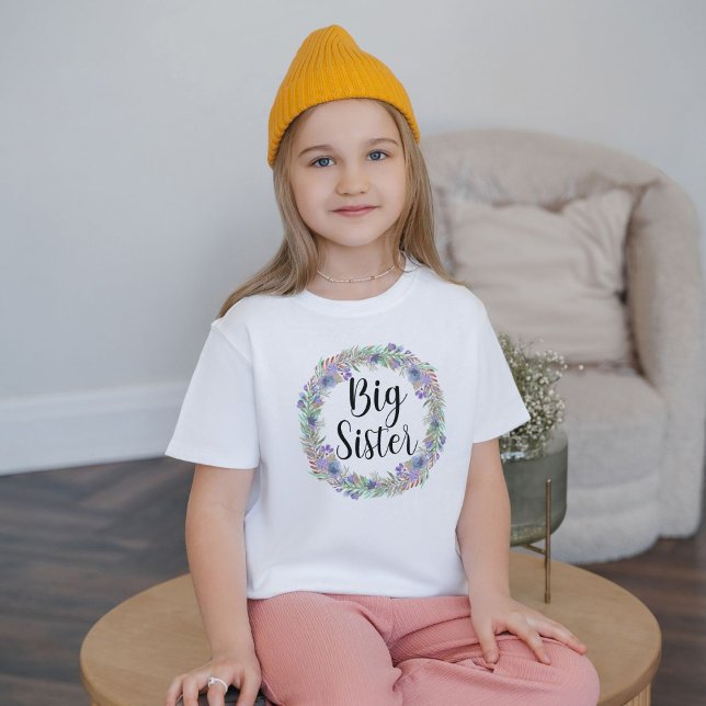 Big Sister Watercolour Floral Wreath Girls' T-Shirt (Creator Uploaded)