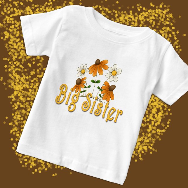 Big Sister Whimsical Orange White Flowers Baby T-Shirt (Creator Uploaded)