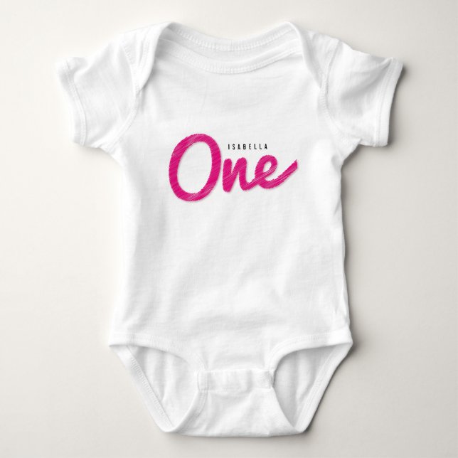 Big Sketch One Pink Baby Girl First Birthday Party Bodysuit (Front)