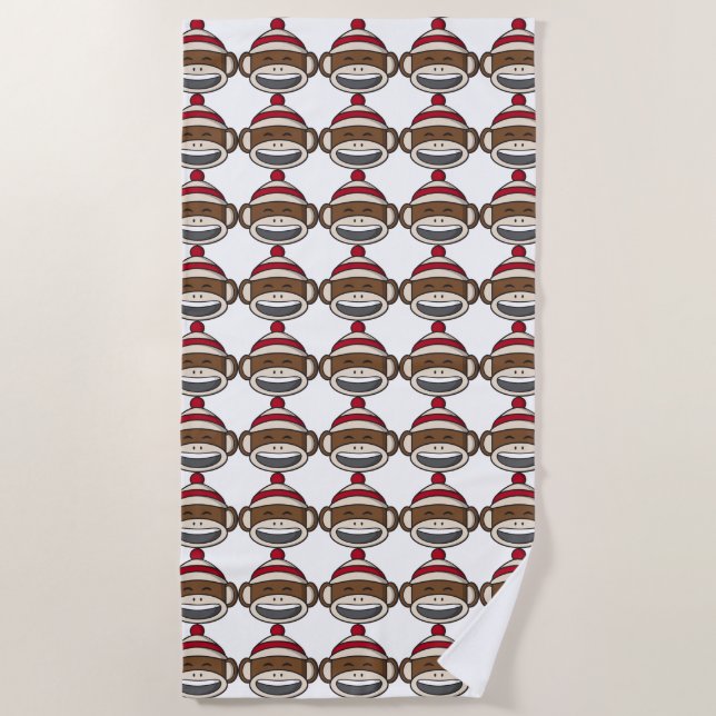 Big Smile Sock Monkey Emoji Beach Towel (Front)