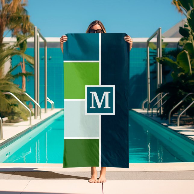 Big Stripes in blue and green with Monogram Beach Towel (masculine blue and green beach towel with monogram)
