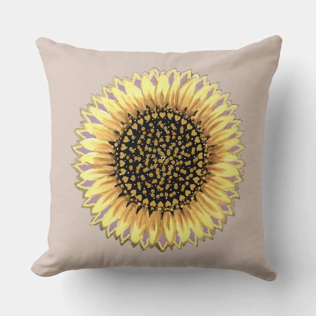 Big Sunflower, Hearts & Golden Dots Cushion (Front)