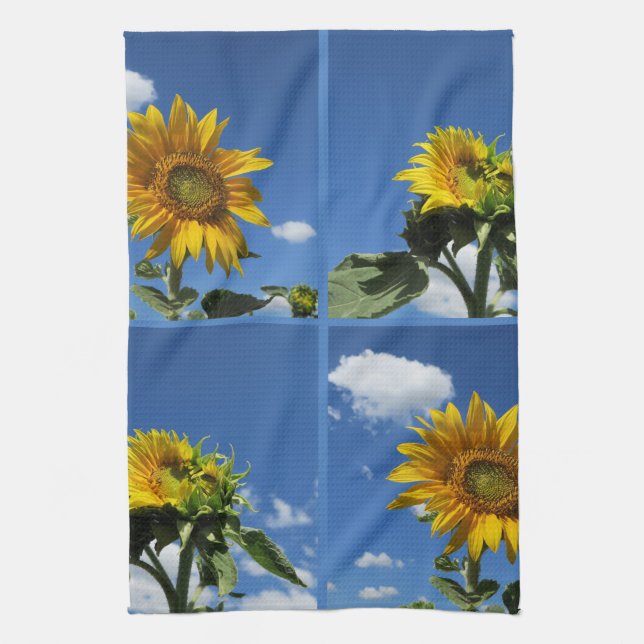 big sunflower shines yellow blue sky white little tea towel (Vertical)