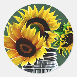 Big Sunflowers in Glass Mason Jar Art Classic Round Sticker