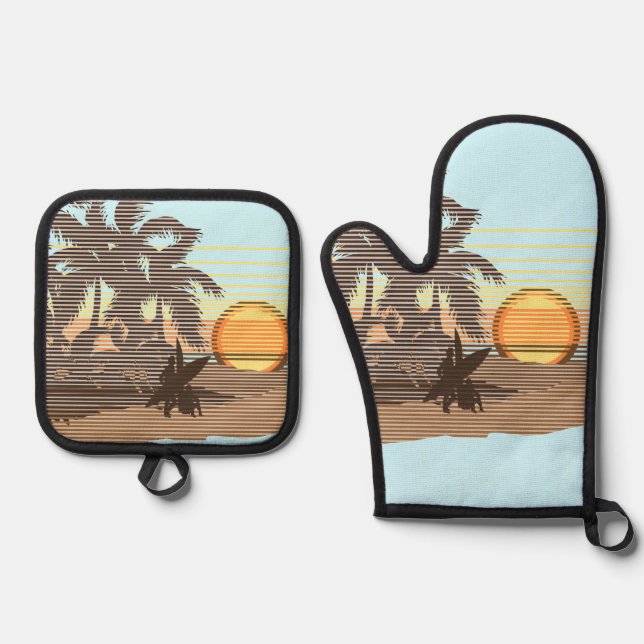 Big Sunset Hawaiian Stripe Surfers - Aqua & Brown Oven Mitt & Pot Holder Set (Front)