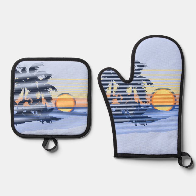 Big Sunset Hawaiian Stripe Surfers - Blue & Orange Oven Mitt & Pot Holder Set (Front)