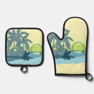 Big Sunset Hawaiian Stripe Surfers - Yellow & Teal Oven Mitt & Pot Holder Set