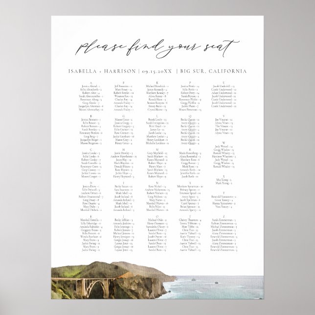 BIG SUR CALIFORNIA Skyline Wedding Seating Chart (Front)