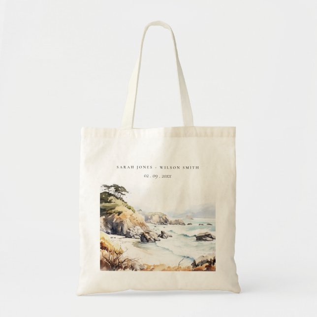 Big Sur, California Watercolor Landscape Wedding Tote Bag (Front)