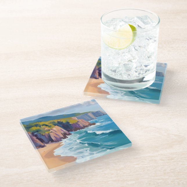 Big Sur, California Watercolor Ocean Painting Glass Coaster (Angled)