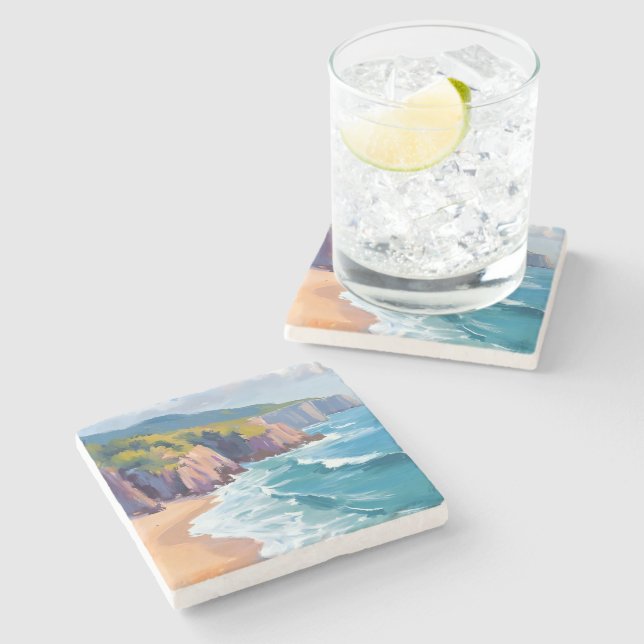 Big Sur, California Watercolor Ocean Painting Stone Coaster (Side)