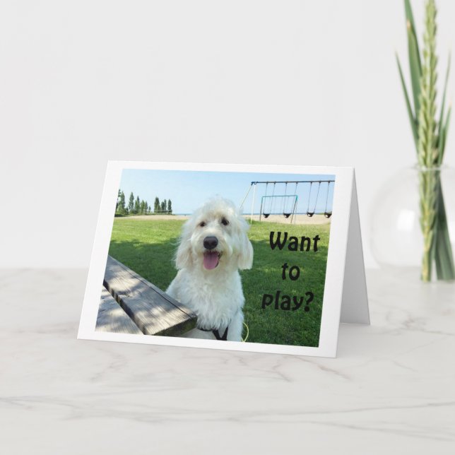 BIG TALKING DOG SAYS WANT TO PLAY? BIRTHDAY CARD (Front)