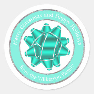 Big Teal Gift Bow and Silver Glitter Classic Round Sticker