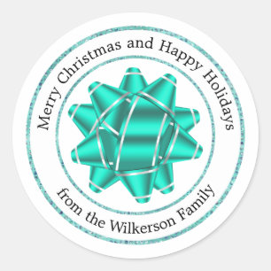 Big Teal Gift Bow Glitter Classic Round Sticker