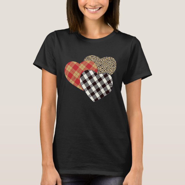 Big Three Hearts Leopard Buffalo Plaid  Valentine' T-Shirt (Front)