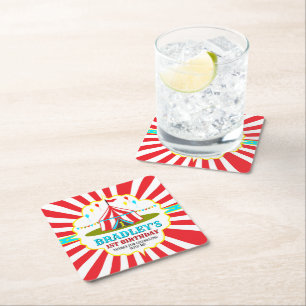 Big Top Circus Carnival 1st Birthday Square Paper Coaster