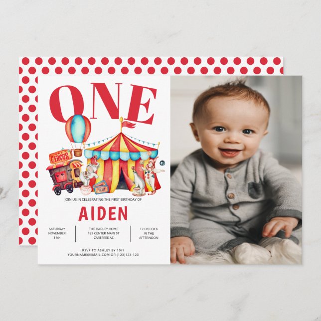 Big Top Circus Carnival 1st Photo Birthday Invitation (Front/Back)