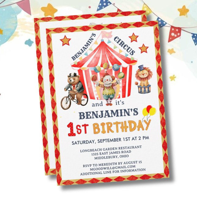 Big Top Circus Carnival Boy 1st Birthday  Invitation (Creator Uploaded)