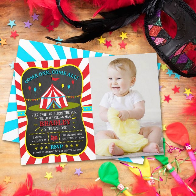 Big Top Circus Carnival Chalkboard 1st Birthday Invitation (Creator Uploaded)