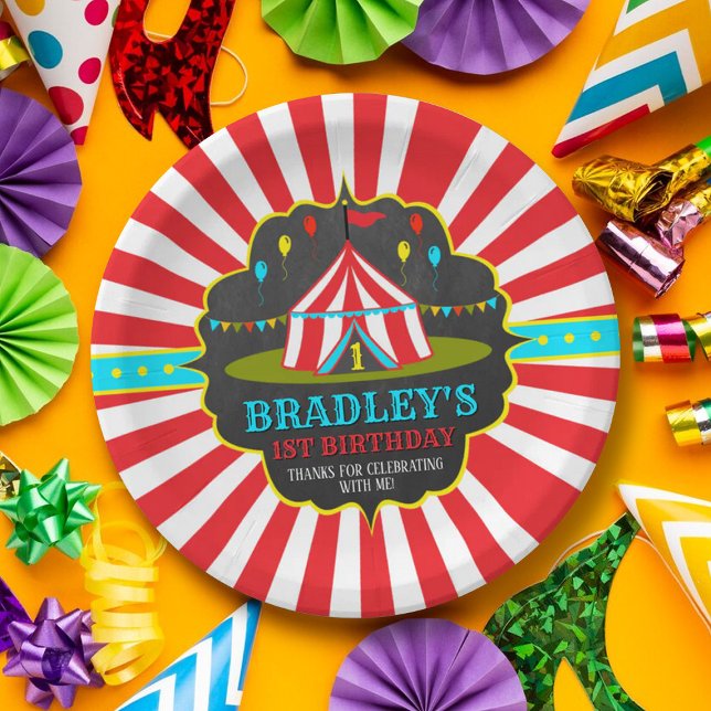 Big Top Circus Carnival Chalkboard 1st Birthday Paper Plate (Creator Uploaded)