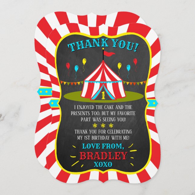 Big Top Circus Carnival Chalkboard 1st Birthday Thank You Card (Front/Back)