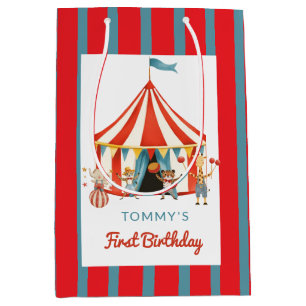 Big Top First Birthday Fun Red Blue Animals Medium Gift Bag