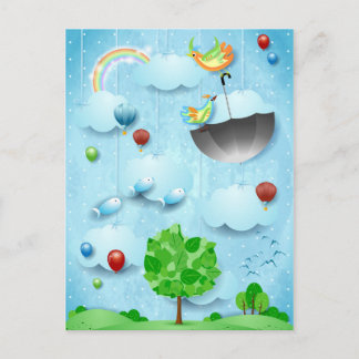 Big tree and flying birds postcard