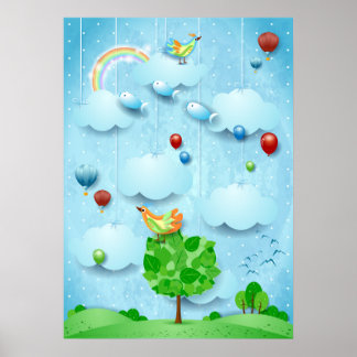 Big tree and flying fishes poster